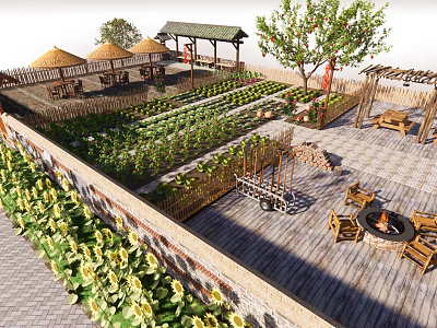 Rustic Garden Landscape Design Featuring Vegetable Beds Wooden Pavilions Sunflowers And Deck Area 3d model