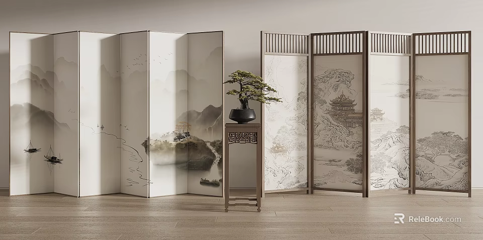 Chinese Decorative Folding Screen With Landscape Painting Wooden Frame And Bonsai For Interior Design 3d model 