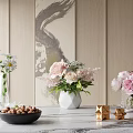 Elegant Pink Flowers and Daisies in Transparent White Vases on Marble Table with Wooden Decor