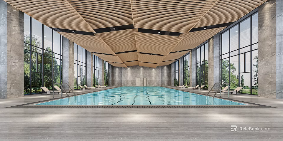 Spacious Indoor Swimming Pool With Wooden Ceiling Large Windows And Lounge Chairs Area 3d model 