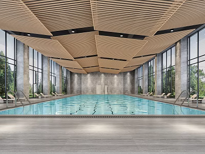 Spacious Indoor Swimming Pool With Wooden Ceiling Large Windows And Lounge Chairs Area 3d model