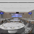 Modern Banquet Hall Setup With Round Tables Comfortable Chairs Marble Tabletops And Large Screen
