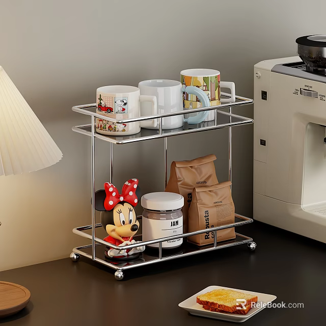 Chrome Shelf with Mickey Mugs on Top Minnie Figurine Jam Jar Below Near Coffee Machine 3d model 