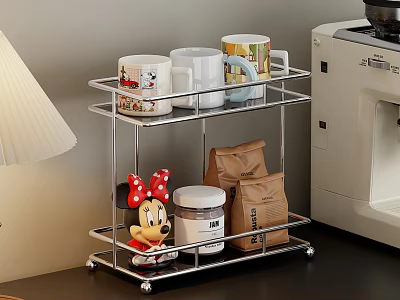 Chrome Shelf with Mickey Mugs on Top Minnie Figurine Jam Jar Below Near Coffee Machine 3d model