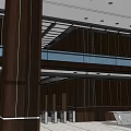 Modern Reception Area With Wooden Pillars Glass Walls And Spacious Interior Design