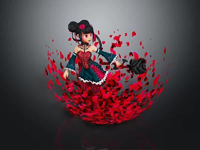 Game and Movie Character With Double Buns Blue Green Dress Red Rose Petals Black Accessory 3d model
