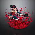 Game and Movie Character With Double Buns Blue Green Dress Red Rose Petals Black Accessory
