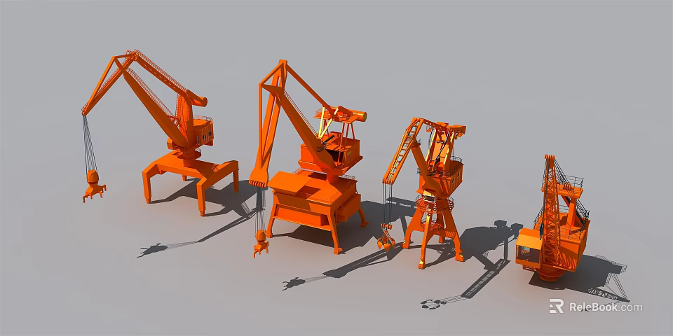 Industrial Equipment Orange Cranes Various Models For Heavy Lifting Operations 3d model 