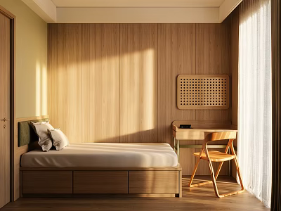 Modern Kids Room Interior With Wooden Wall Bed Desk And Natural Light 3d model