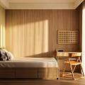 Modern Kids Room Interior With Wooden Wall Bed Desk And Natural Light
