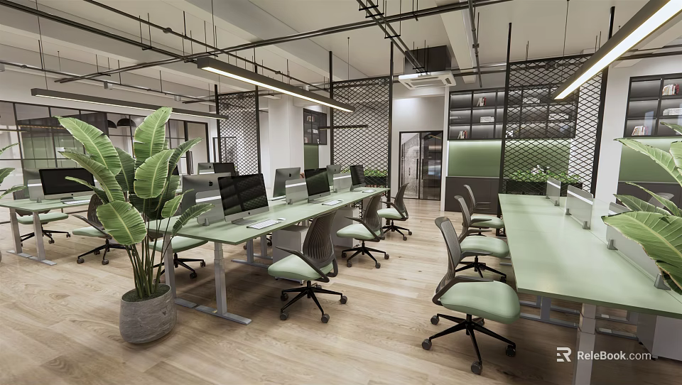 Public Office Space Featuring Long Desks With Computers Green Chairs Large Plant And Wooden Flooring 3d model 