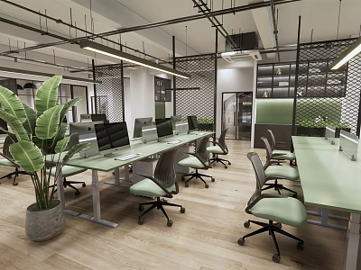 Public Office Space Featuring Long Desks With Computers Green Chairs Large Plant And Wooden Flooring 3d model