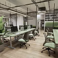 Public Office Space Featuring Long Desks With Computers Green Chairs Large Plant And Wooden Flooring