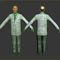 Two Bald Male Characters With Glasses Wearing Stained White Lab Coats Front Back Views