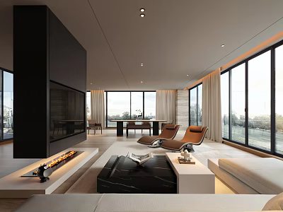 Modern Living Room Interior With Floor to Ceiling Windows Fireplace Sofa And Coffee Table 3d model