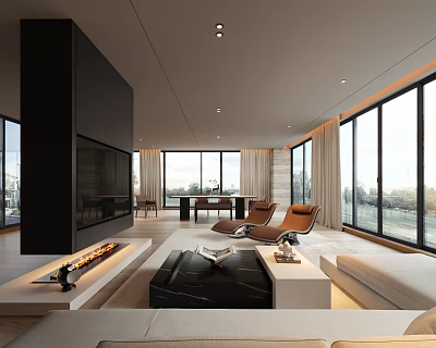 Modern Living Room Interior With Floor to Ceiling Windows Fireplace Sofa And Coffee Table 3d model