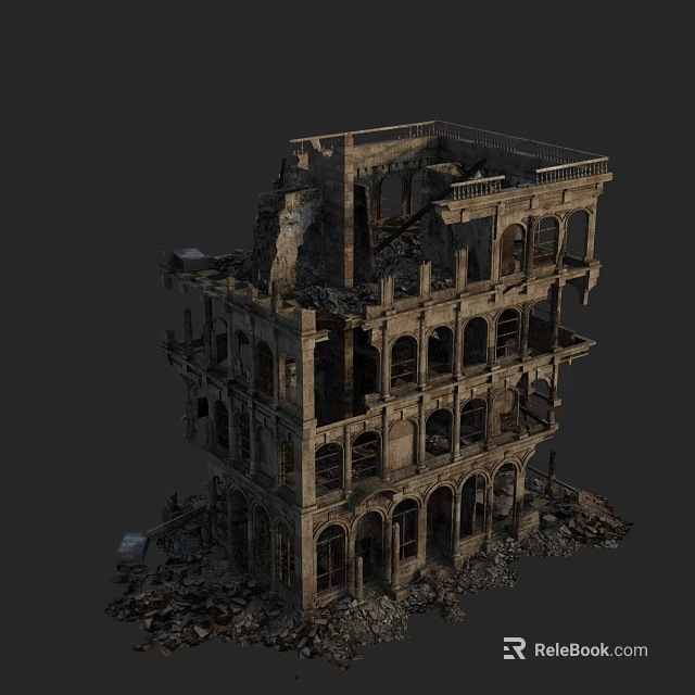 Ruined Multi Story Historic Building With Collapsed Floors Arch Windows And Debris 3d model 