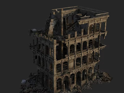 Ruined Multi Story Historic Building With Collapsed Floors Arch Windows And Debris 3d model