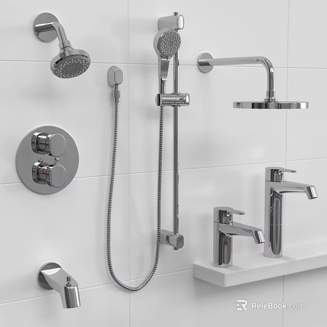 Chrome Shower Head with Handheld Spray and Faucets on White Tiled Bathroom Wall 3d model 