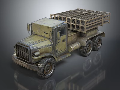 Vintage Military Style Six Wheel Truck With Metal Grid Bed And Worn Green Exterior 3d model
