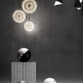 Modern Interior With Stylish Pendant Lights Gray Walls And Decorative Spheres