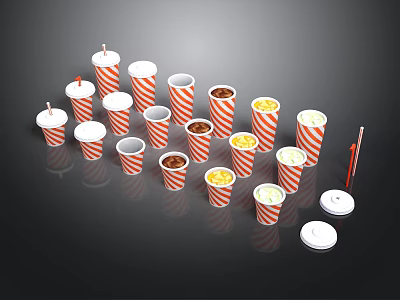 Red and White Striped Paper Cups Containing Popcorn and Snacks with Straws and Lids 3d model