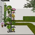 Courtyard Garden With Multi Tiered Plant Stand Various Plants Flowers Grass And Sunset Lighting
