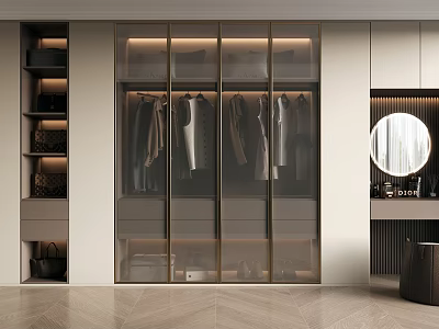 Modern Wardrobe Design With Glass Doors Hanging Clothes And Storage Shelves 3d model