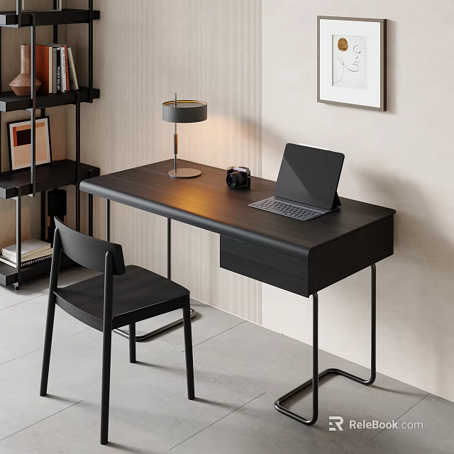 Modern Black Desk Setup With Laptop Table Lamp Camera And Black Chair 3d model 