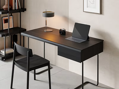 Modern Black Desk Setup With Laptop Table Lamp Camera And Black Chair 3d model