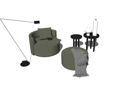 Green Single Sofa with Ottoman Blanket Floor Lamp and Side Tables in Living Space 3d model