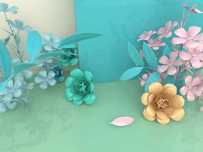 Pastel Colored Floral Display With Light Blue Pink Yellow Flowers Green Leaves And Geometric Background 3d model