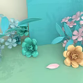 Pastel Colored Floral Display With Light Blue Pink Yellow Flowers Green Leaves And Geometric Background