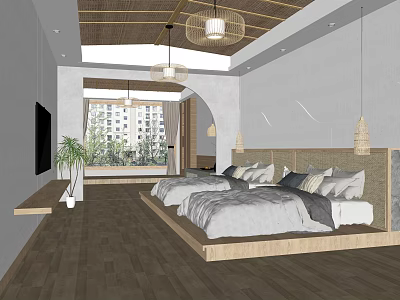 Modern Hotel Room Interior With Double Beds Wooden Ceiling Pendant Lights TV And City View 3d model