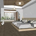 Modern Hotel Room Interior With Double Beds Wooden Ceiling Pendant Lights TV And City View