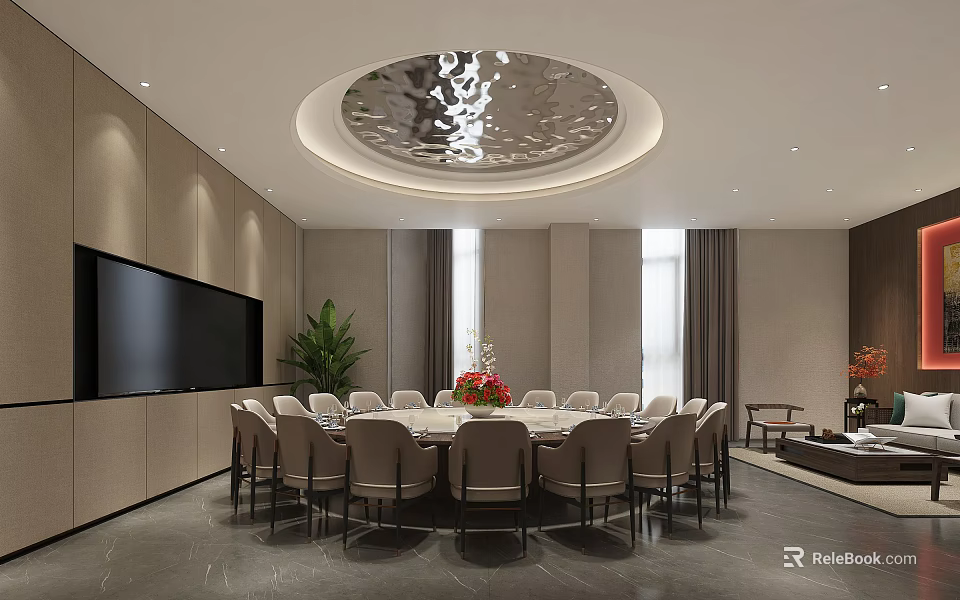 Elegant Private Dining Room With Round Table Chairs Large Screen TV And Ceiling Light 3d model