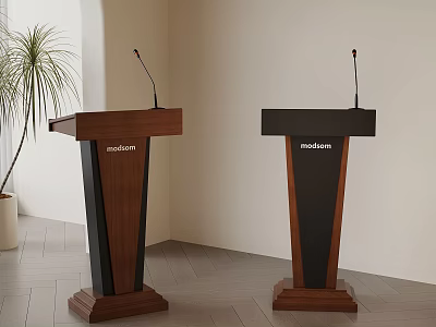 Modern Wooden And Black Podiums With Microphones In Contemporary Interior Design 3d model