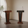 Modern Wooden And Black Podiums With Microphones In Contemporary Interior Design