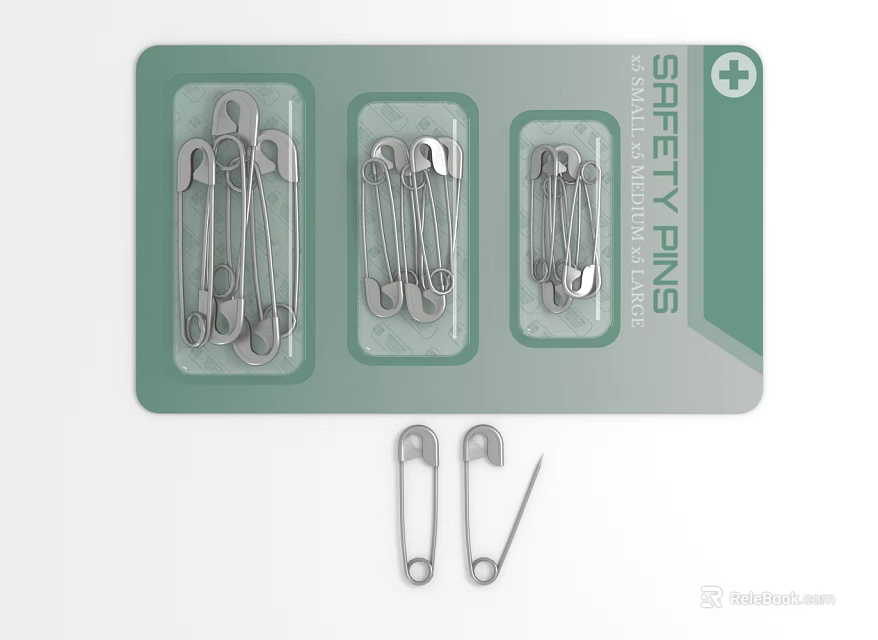 Stainless Steel Safety Pins in Green Packaging with Loose Pins Displayed 3d model 