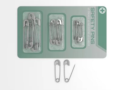 Stainless Steel Safety Pins in Green Packaging with Loose Pins Displayed 3d model