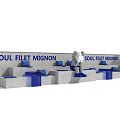 SOUL FILET MIGNON Milk Tea Shop Interior With Blue Seats Gray Walls And Potted Plants