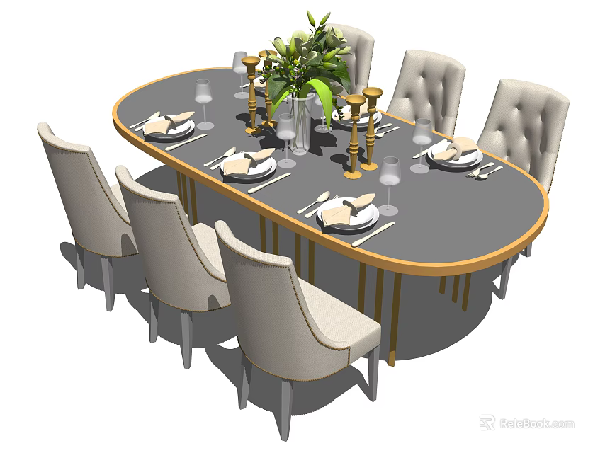 Oval Dining Table Set With Light Upholstered Chairs Grey Tabletop Gold Trim And Green Plant 3d model 