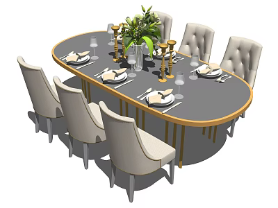 Oval Dining Table Set With Light Upholstered Chairs Grey Tabletop Gold Trim And Green Plant 3d model