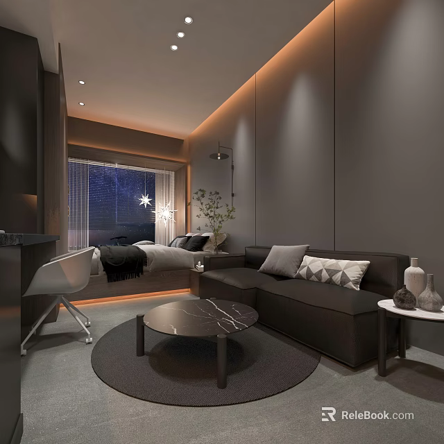 Modern Hotel Room Interior With Sofa Bed Round Table And Ambient Lighting 3d model 