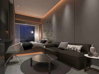 Modern Hotel Room Interior With Sofa Bed Round Table And Ambient Lighting 3d model