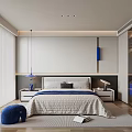 Modern Minimalist Bedroom Interior With Bed Nightstand Lamp Blue Stool And Blinds