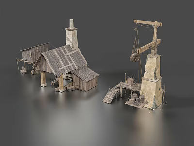 Ancient Medieval Workshop With Wooden House Chimney Sloped Roof And Stone Crane Structure Platform Ladder 3d model