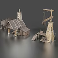 Ancient Medieval Workshop With Wooden House Chimney Sloped Roof And Stone Crane Structure Platform Ladder