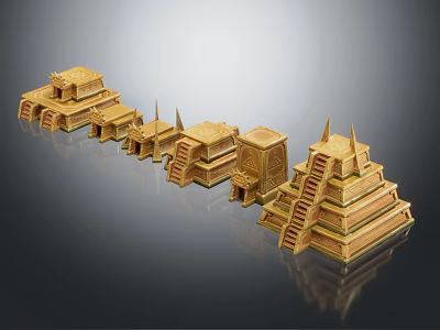 Ancient Golden Architectural Models Pyramid Square Structures With Steps Spires Arranged In A Row 3d model