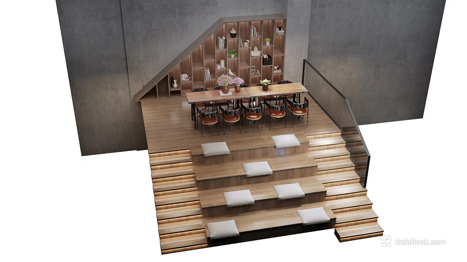 Wooden Staircase with White Cushioned Seating and Shelves with Decorations in Modern Industrial Lounge Area 3d model 
